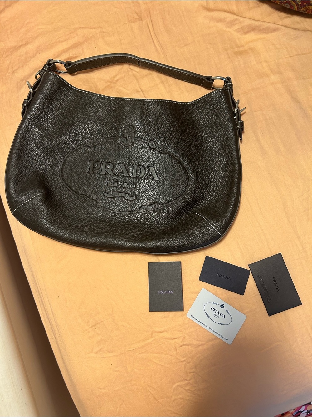 Prada Black Pebble Leather Shoulder Bag with Embossed Logo